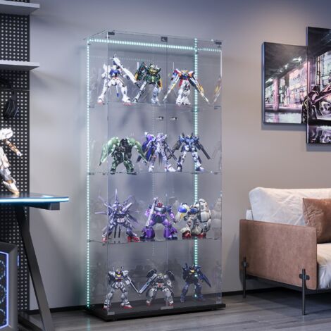 Vitrine en verre,4 étagères,2 portes,bande lumineuse LED,Verre Trempé,Vitrine de collection,adaptée au salon, chambre, bureau, Noir