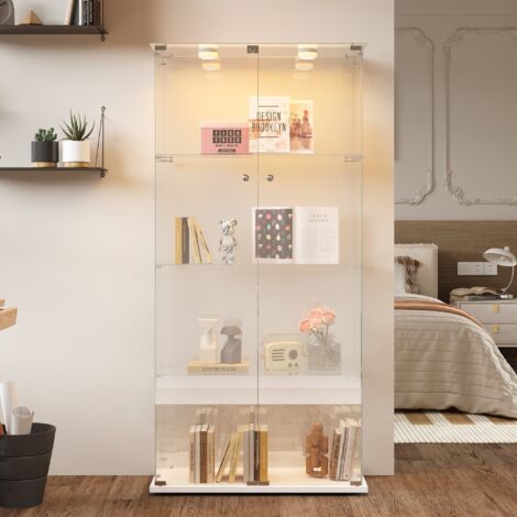 Vitrine en verre,4 étagères,2 portes,bande lumineuse LED,Verre Trempé,Vitrine de collection,adaptée au salon, chambre, bureau,Blanc