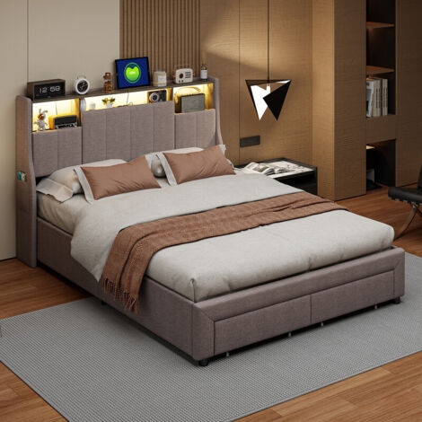 lit double 160x200cm, lit adulte avec 2 tiroirs et LED, rangement de la tête de lit capitonné, cadre de lit avec sommier à lattes, matière lin, gris (1/5)