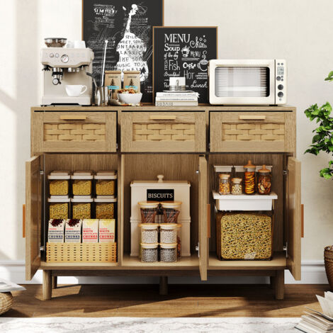 Buffet de rangement en bois avec 3 tiroirs et 3 portes, design tressé naturel,buffet d'entrée de salon, meuble de rangement, couleur naturelle,108x40x80 cm