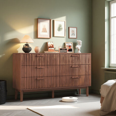 Commode 6 Tiroirs, Meuble de Rangement, Buffet Salon avec Dispositif Anti-Basculement, Armoire de Chambre,Couleur bois de noyer, 100x34x73cm