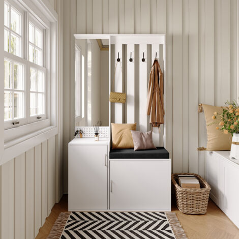Meuble d'entrée complet 100 x 40 x 180 cm, style contemporain, blanc, avec 4 crochets, miroir, banc et rangement pour chaussures
