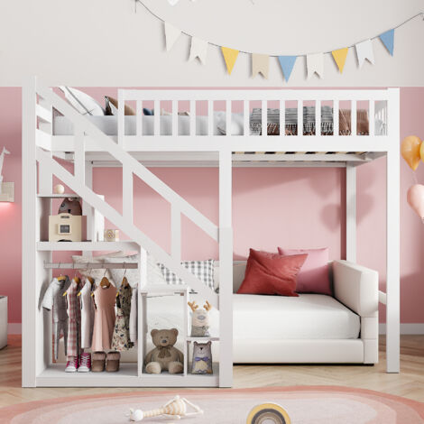 BSMGSGN-Lit Superposé Enfant 140x200 cm Cadre de Lit Mezzanine avec Escalier de Rangement, Barrière de Sécurité, Sommier à Lattes, Lit Cabane Multifonction pour Garçon et Fille, Structure en Bois, san (1/5)
