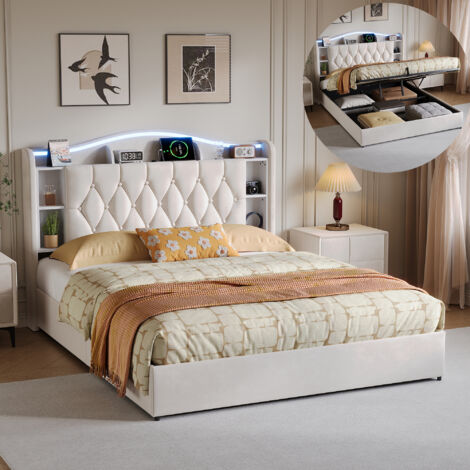 BSMGSGN-Lit coffre 140×190 cm avec rangement hydraulique, LED, recharge sans fil et ports USB. Structure en velours beige, sommier à lattes en bois. Lit double adultes/adolescents, sans matelas (1/5)