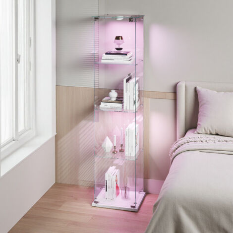 Vitrine en Verre Trempé 4 Étagères avec LED Réglable, Vitrine Armoire de Collection à Serrure, Vitrine Sur Pied Transparente 360°, 39.8x35x163cm, Blanc