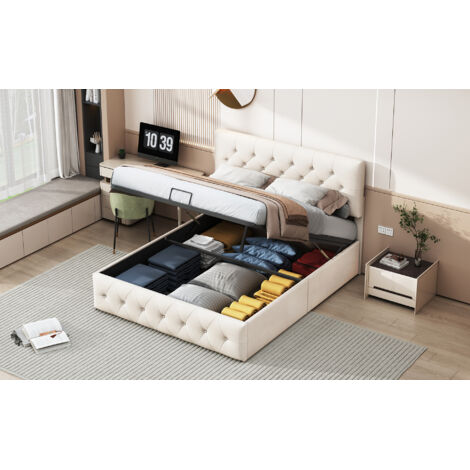 Lit coffre hydraulique 160x200 cm, lit double capitonné avec sommier à lattes, tête de lit réglable en hauteur, velours beige style moderne (1/5)