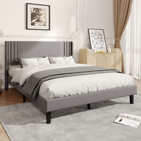 BLANKETSWARM - Lit double rembourré 140x200 cm - Cadre en métal robuste - Style industriel - Lin - Gris (1/5)