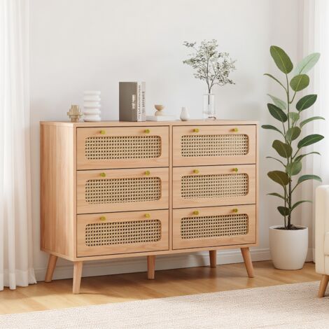 BLANKETSWARM - Commode 6 tiroirs en bois, Meuble de rangement – Rotin tressé – Poignées métal doré – 100x34x73 cm (1/5)