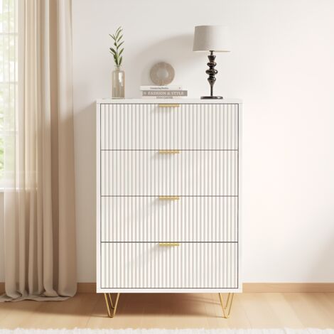BLANKETSWARM - Commode 4 tiroirs en bois, Meuble chambre adulte – Rotin tressé – Poignées métal doré – 60x34x109 cm (1/5)
