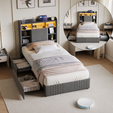 BSMGSGN-Lit simple 90x200 cm avec LED et USB, 2 tiroirs de rangement, tête de lit avec étagères, cadre de lit simple avec sommier à lattes, lit en lin gris pour adultes et adolescents, sans matelas (1/5)