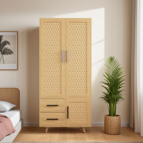 BLANKETSWARM - Armoire de Chambre en rotin, Armoire avec Tiroirs et Penderie, Garde-robe Design Cannage Rotin, 2 Portes et 2 Tiroirs, 80x52x166 cm - Chêne