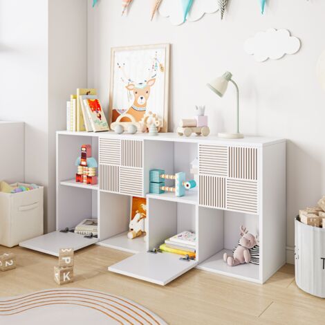 BLANKETSWARM - Bibliothèque enfant modulable 125X30X60cm, meuble de rangement enfant à 8 cases, Meuble jouet enfant avec 4 portes sculptées - Ivoire