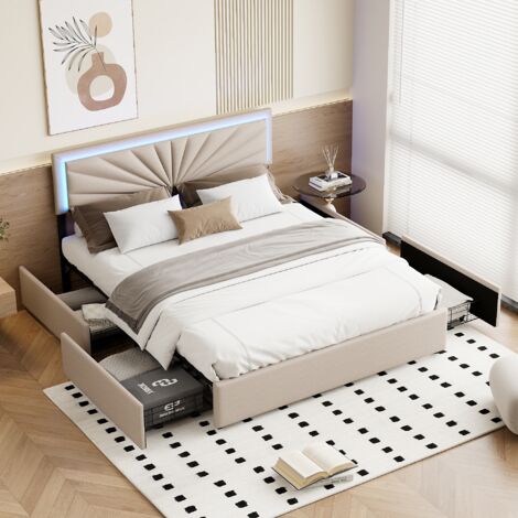 BLANKETSWARM - Lit double 140 x 200 cm avec 4 tiroirs – Lit rembourré avec ports USB et éclairage LED – Sommier à lattes en bois – Beige