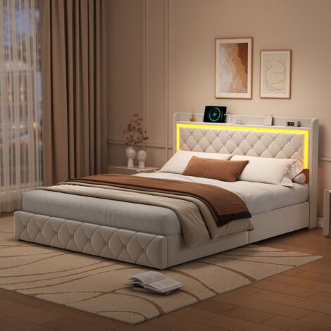 BLANKETSWARM - Lit adulte 160 x 200 cm avec 4 tiroirs – Lit capitonné 140 x 190 avec ports USB et éclairage LED – Sommier à lattes en bois – Beige (1/5)