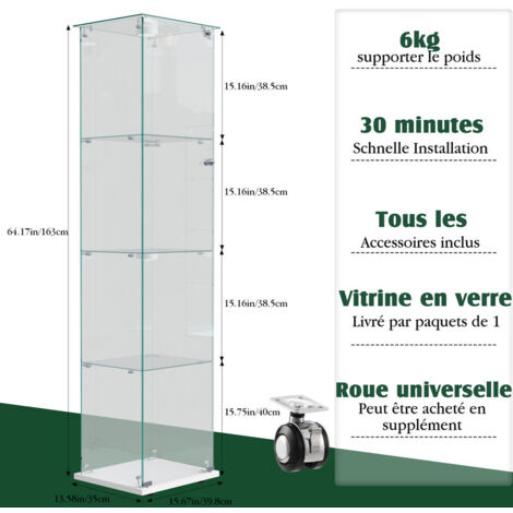 Vitrine en Verre Trempé 4 Étagères avec LED Réglable, Vitrine Armoire de Collection à Serrure, Vitrine Sur Pied Transparente 360°, 39.8x35x163cm, Noir