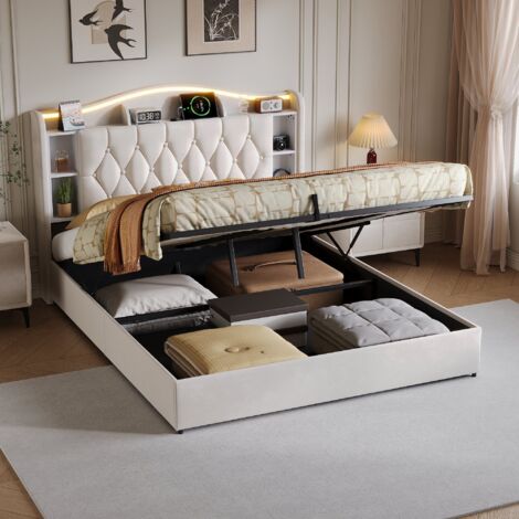 Lit coffre Lit rembourré avec levier hydraulique rangement Lit adulte 140x200 cm Structure de Lit avec LED et USB, Velours Beige (1/5)