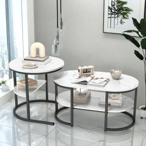 Table Basse Gigogne 2 en 1 Blanche Effet Marbre avec Structure en Métal, Table Basse Salon Ronde et Ovale avec Étagère de Rangement,Dimensions 80 x 46 x 41 cm et Ø 52 x 51H cm, Noir