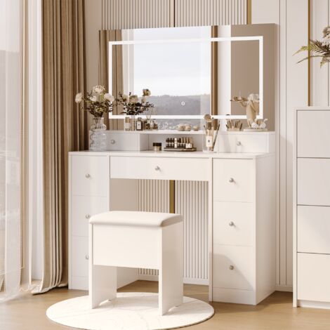 Coiffeuse avec Tabouret et Miroir LED Tactile Réglable,9 Tiroirs,Grande Rangement,Meuble de Maquillage Blanc Moderne,110x40x150 cm
