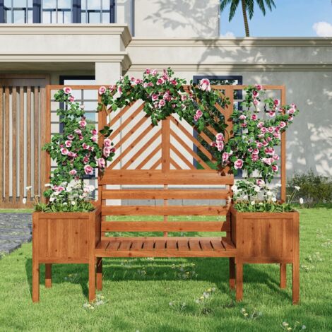 Bac de jardin surélevé en bois, Treillis pour plantes grimpantes, Pot de fleurs, Potager surélevé, avec siège, pour cour, terrasse