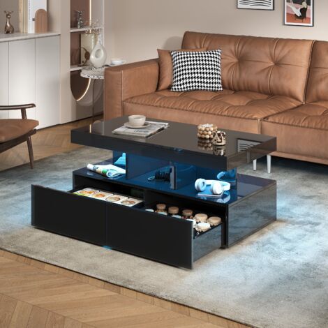 Table basse salon avec Lumières LED, Meuble de Salon avec 2 tiroirs, Rangement Ouvert,104x53x46 cm,Noir brillant,Style Contemporain (1/5)
