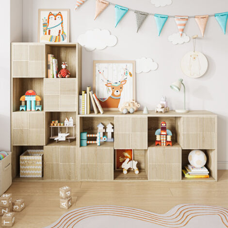 Bibliothèque enfant, 125X30X60cm,meuble de rangement 8 compartiments avec 4 portes, bibliothèque enfant, rangement jouets, Chêne Clair