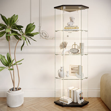 Vitrine d'angle en Verre avec LED,Vitrine de collection en Verre Pentagone,Armoire de Collection - 4 Couches - 1 Porte et Serrure, Verre trempé Transparent Armoir de Verres Debout - 60 x 40 x 162 cm