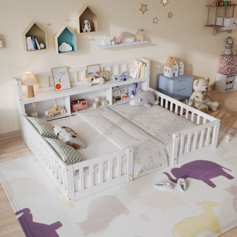 Montessori Lit de sol 140x200cm,Lit au sol en Bois pour enfants,Lit Montessori avec Sommier à Lattes,protection anti-chute, Compartiments de Rangement,pour garçons et filles,sans Matelas,Blanc (1/5)