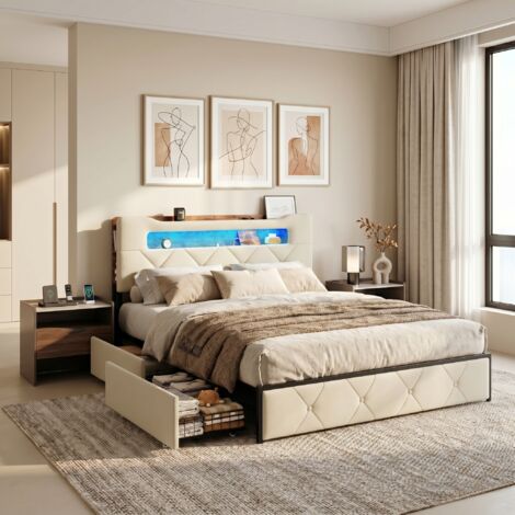 BLANKETSWARM - Lit double rembourré 160 x 200 cm avec 4 tiroirs, lit adulte avec LED - USB - cadre de lit de rangement, Velours Beige (1/5)