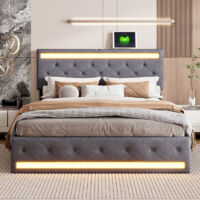 Lit avec Tiroirs Intégrés 140x190 cm avec LED et Ports USB,Lit avec Rangement et Sommier à Lattes, Lit Adulte 140x190 cm avec tête de Lit Réglable en Hauteur, Lin Gris Foncé