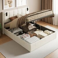 Lit Coffre 140 x 200 cm, Lit Double 140x200 cm avec Sommier, Lit Adulte Capitonné, Tête de Lit avec Liseuse Intelligente, Velours, Beige