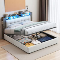 lit coffre 140x200 avec système hydraulique, lit double 140x200 avec LED et USB, tête de lit en bois et rangement, sommier à lattes, velours, beige