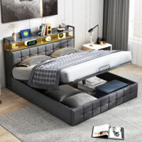 BSMGSGN-Lit Coffre 140x190 cm avec LED et Prise USB, Lit Double Rembourré en Lin Gris avec Système Hydraulique, Tête de Lit avec Rangement et Sommier à Lattes, sans Matelas