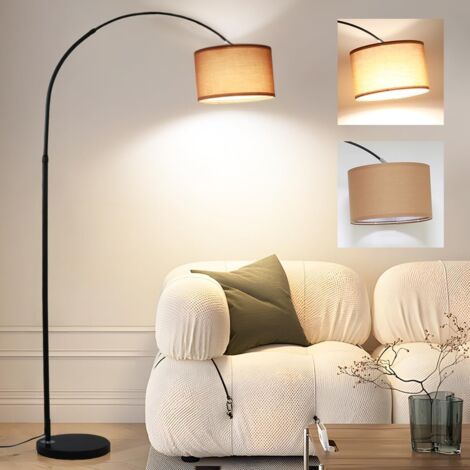 Antenlicht Bogenlampe Schwarz 165-180cm,Braunem Stoffschirm Ø33cm,350° drehbar,Fußschalter,inkl.E27 9W LED 3000K,Stehleuchte für Wohnzimmer Schlafzimmer [Klasse E]
