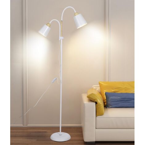 Antenlicht Stehleuchte Doppelkopf 159cm,Moderne Metall Weiß,360° schwenkbar,Holzdekor,Fußschalter,E27 max. 60W,Leselampe für Wohnzimmer Schlafzimmer-ohne Leuchtmittel