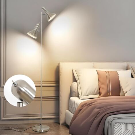 Amdelne LED Stehlampen 171cm Stehleuchte mit 2 Lampenköpfe Leselampe E27 Fassung max. 60W Metall Sofalampe Standleuchte für Arbeitszimmer Nickel ohne Leuchtmittel
