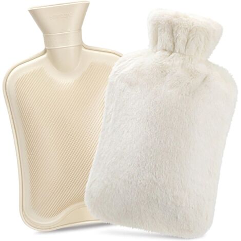 Bolsa de agua caliente de 2 l con funda de felpa suave, de caucho natural y antifugas, cálida y cómoda, ideal para el invierno, color blanco. (1/5)