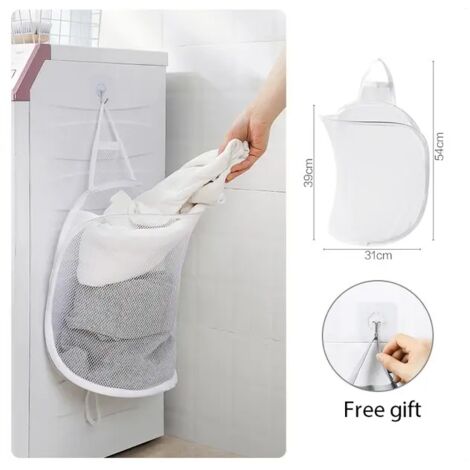Cesta de lavandería plegable, organizador para ropa sucia, bolsa de malla para almacenamiento de ropa de baño, cesta colgante de pared para el hogar, cubo con marco blanco (1/5)