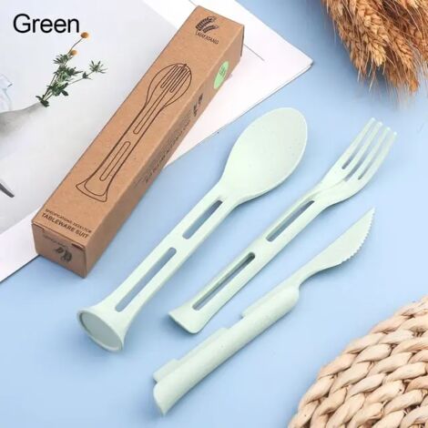 3 piezas/set 3 en 1 Juego de cubiertos portátiles de viaje Estilo japonés Cuchillo de paja de trigo Tenedor Cuchara Juegos de vajilla para estudiantes Vajilla de cocina Verde