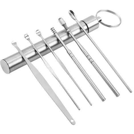 Juego de 6 herramientas de acero inoxidable para quitar cerumen: removedor de cerumen, limpiador de oídos, cuchara de limpieza de oídos, protector de oídos, recogedor de oídos 1 (1/5)