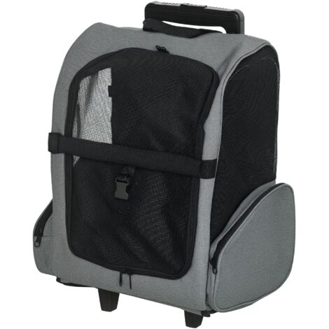 Bolsa de transporte con ruedas 2 en 1 para perros y gatos – formato maleta/mochila, con asa telescópica, bolsillos, ventilación y correa de seguridad, 42 x 25 x 55 cm, gris