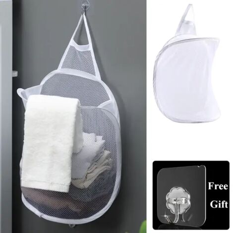 Cesta de ropa plegable, organizador de ropa sucia, red para ropa de baño, bolsa de almacenamiento, cesta para colgar en la pared, cubo, blanco (1/5)