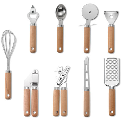 Juego de utensilios de cocina multifuncionales de acero inoxidable: pelador, abrelatas, cortador de pizza, rallador, juego de accesorios de cocina de 9 piezas (1/5)