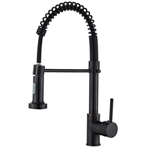 Grifo de cocina con rociador extraíble giratorio de 360°, con resorte, dos tipos de chorro y mangueras, mezclador monomando, conexiones de agua caliente y fría (negro). Apto para aberturas de 32 a 40 (1/4)