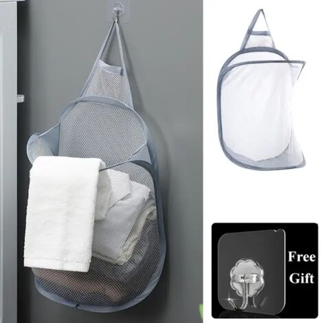 Cesta de ropa plegable, organizador de ropa sucia, red para ropa de baño, bolsa de almacenamiento, cesta para colgar en la pared, cubo, gris (1/5)