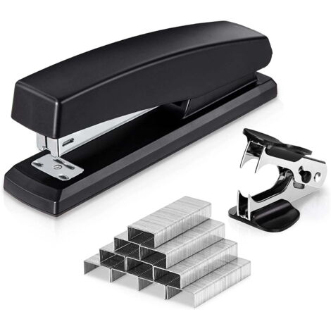 Grapadora, grapadora de oficina, capacidad 20 hojas, incluye 1000 grapas y quitagrapas, color negro (1/5)