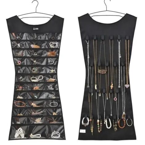 Bolsa para guardar joyas, organizador de joyas, soporte para collares, pendientes, anillos y joyero (no incluye percha) (negro) (1/5)