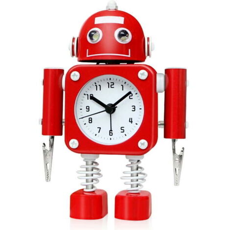 Reloj despertador robot de acero inoxidable, silencioso, con luces intermitentes y clip de mano (rojo rubí) (1/5)