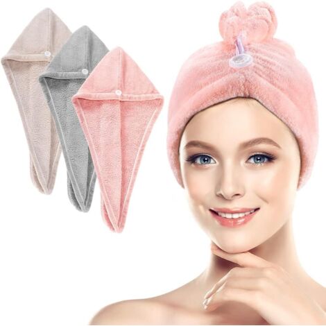 Toalla para el cabello, paquete de 3 turbantes de microfibra, súper absorbentes para un secado rápido del cabello, con cierre de botón – 25 x 65 cm (1/5)