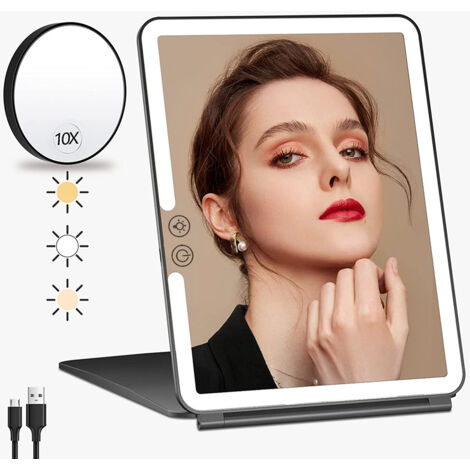 TUSHENGTU Grand miroir grossissant noir de 22,9 cm avec lumière, rechargeable et lumineux, miroir de rasage mural, miroir de coiffeuse grossissant 10x/1x pour salle de bain double face TUSHENGTU Grand miroir grossissant noir de 22,9 cm avec lumière, rechargeable et lumineux, miroir de rasage mural, miroir de coiffeuse grossissant 10x/1x pour salle de bain double face