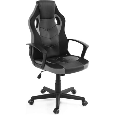 Chaise de jeu junior e-sport, siège pivotant en similicuir et maille respirante, appui-tête double rembourrage, hauteur réglable, pivotement à 360°, roulettes souples Sena (noir et gris) (1/5)